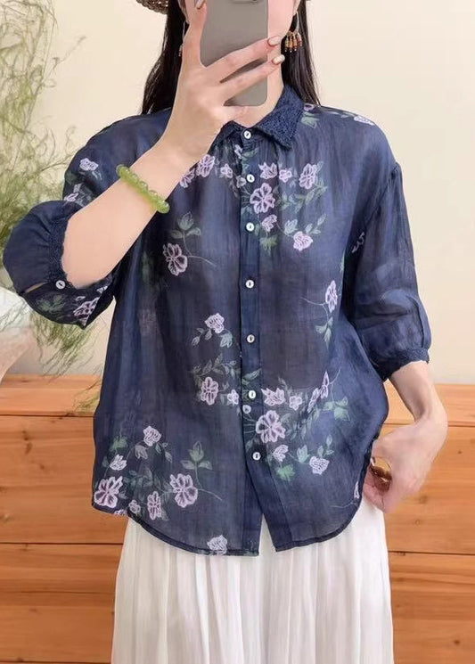 Boutique Navy Oversized Print Linen Top Summer
