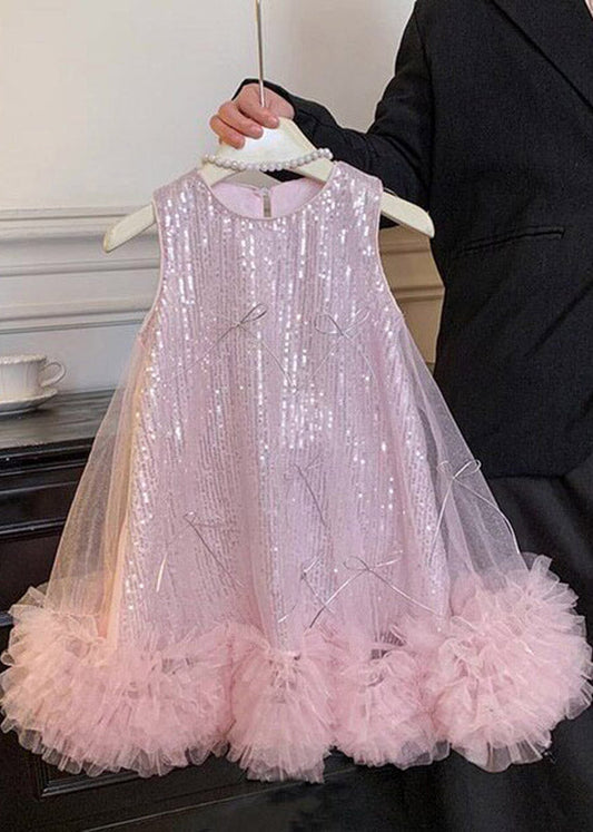 Boutique Pink O-Neck Tulle Kids Long Dress Sleeveless