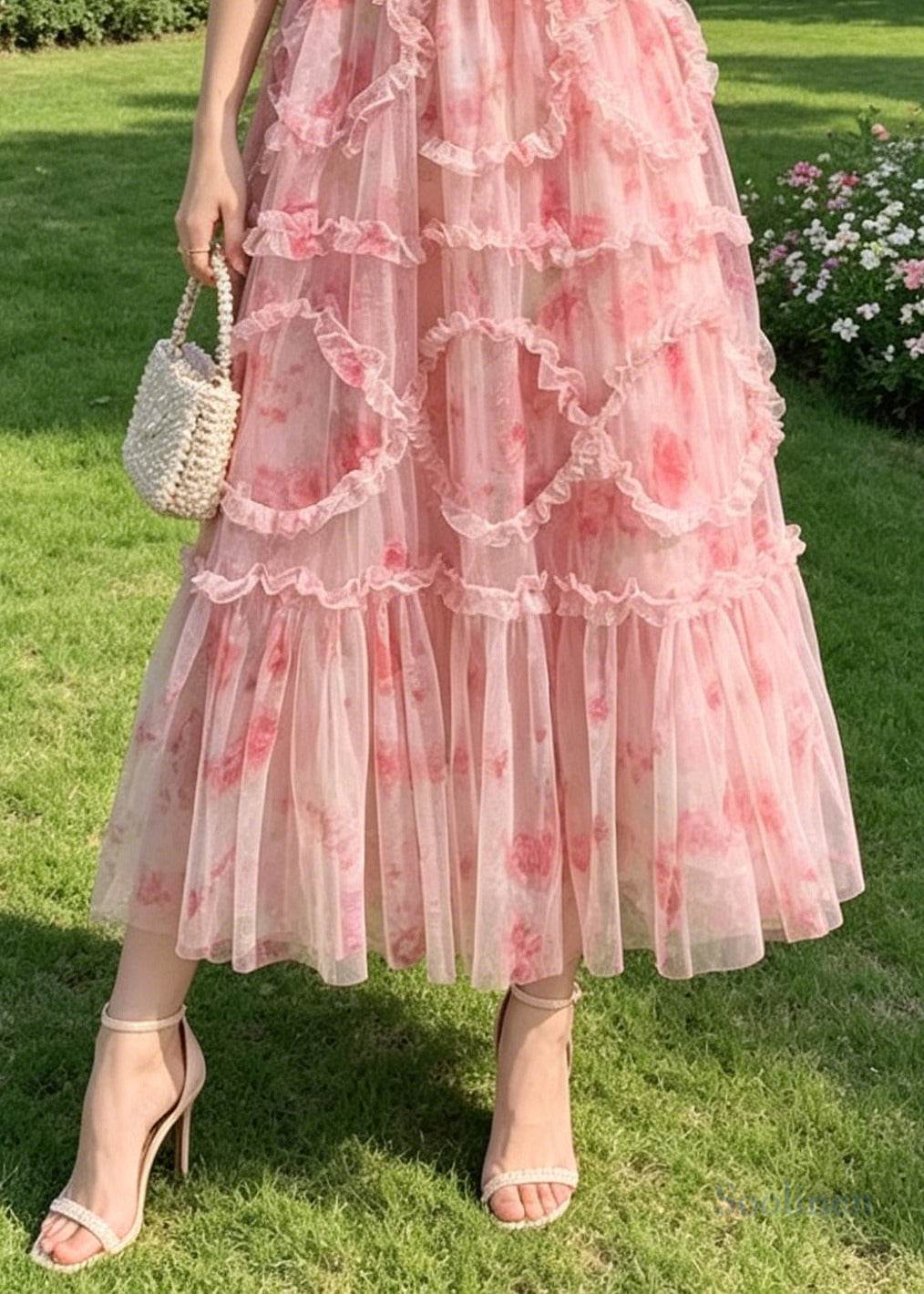 Boutique Pink Ruffled Print Chiffon Vacation Dresses Summer