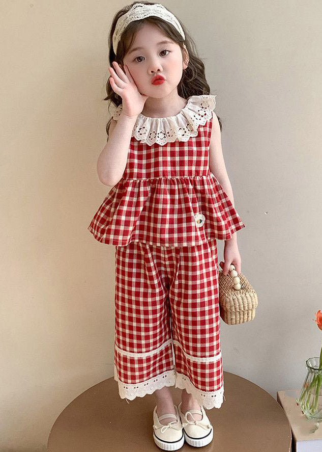 Boutique Pink Ruffled Print Kids Top And Wide Leg Pants Two Piece Set Sleeveless