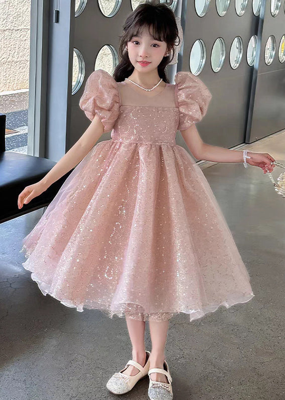 Boutique Pink Sequins Exra Large Hem Tulle Baby Girls Maxi Dress Puff Sleeve