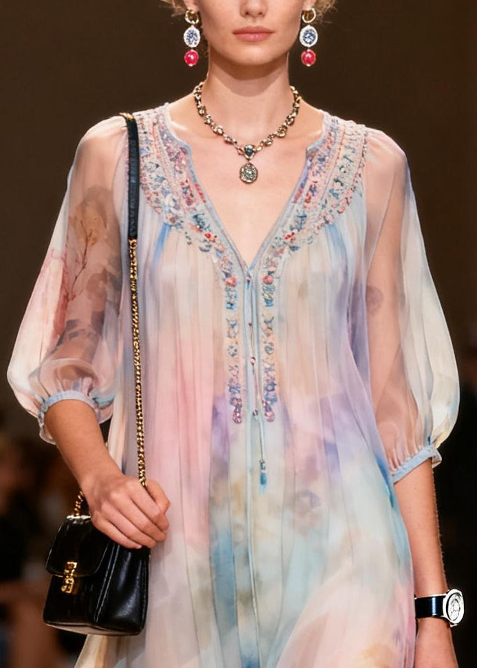 Boutique Pink V Neck Print Chiffon Holiday Dress Summer