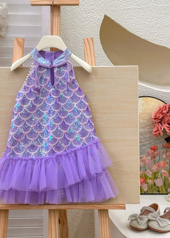 Boutique Purple Stand Collar Sequins Tulle Kids Long Dress Sleeveless