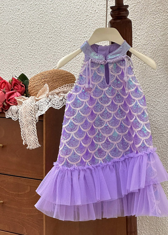 Boutique Purple Stand Collar Sequins Tulle Kids Long Dress Sleeveless