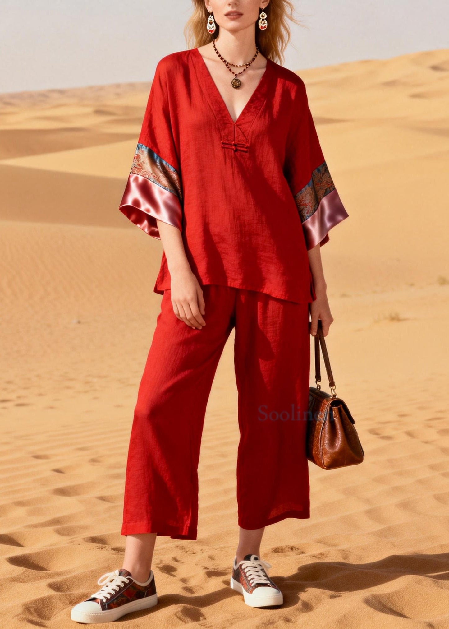 Boutique Red V Neck Patchwork Cotton Oriental Two Pieces Set Half Sleeve