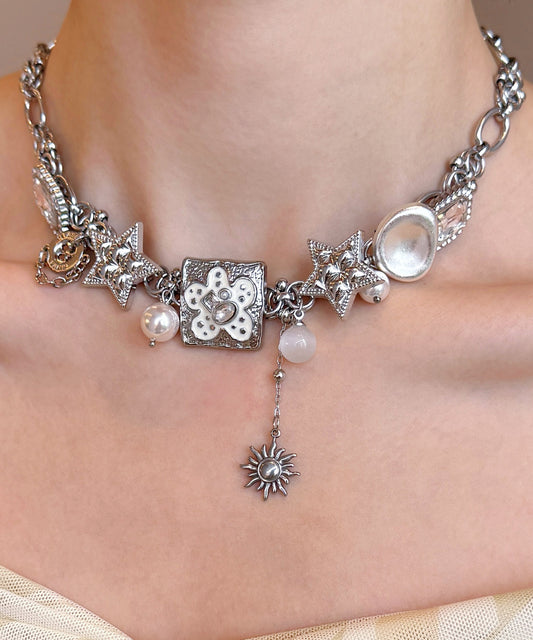 Boutique Silk Stainless Steel Floral Star Pearl Cat's Eye Pendant Necklace