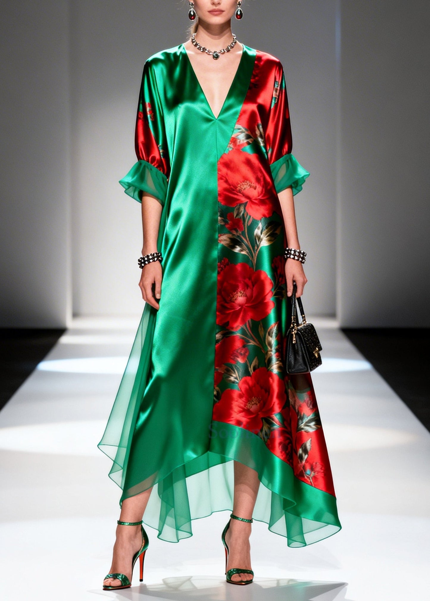 Boutique Tea Green Oversized Print Silk Long Dress Summer