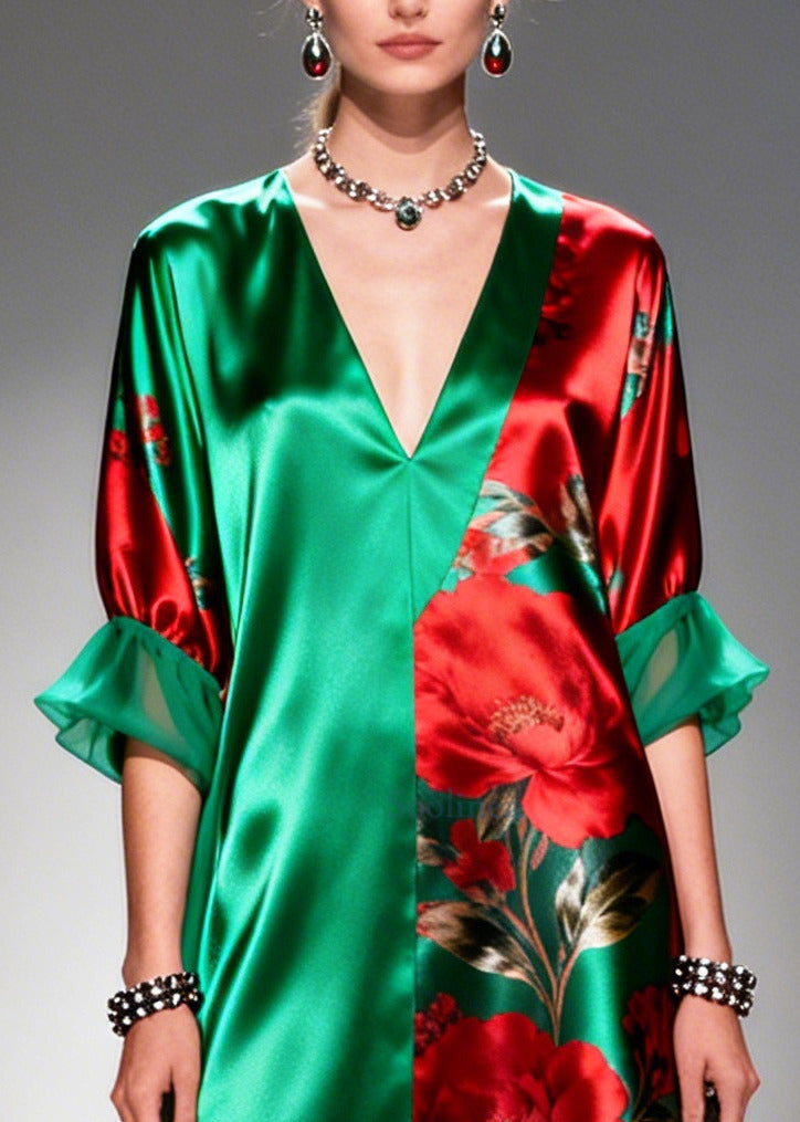 Boutique Tea Green Oversized Print Silk Long Dress Summer