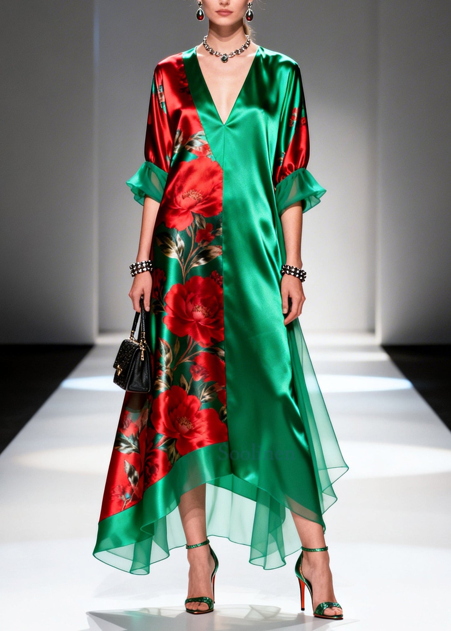 Boutique Tea Green Oversized Print Silk Long Dress Summer