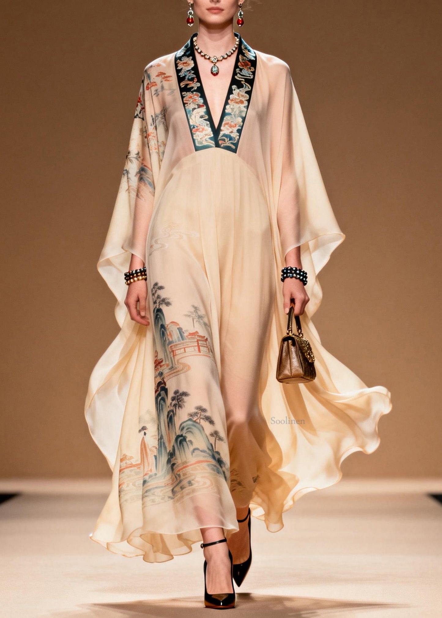 Boutique V Neck Print Patchwork Chiffon Long Dress Spring
