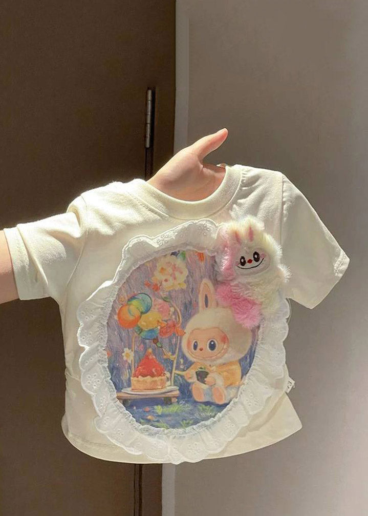 Boutique White O-Neck Cartoon Print Kids T Shirt Short Sleeve