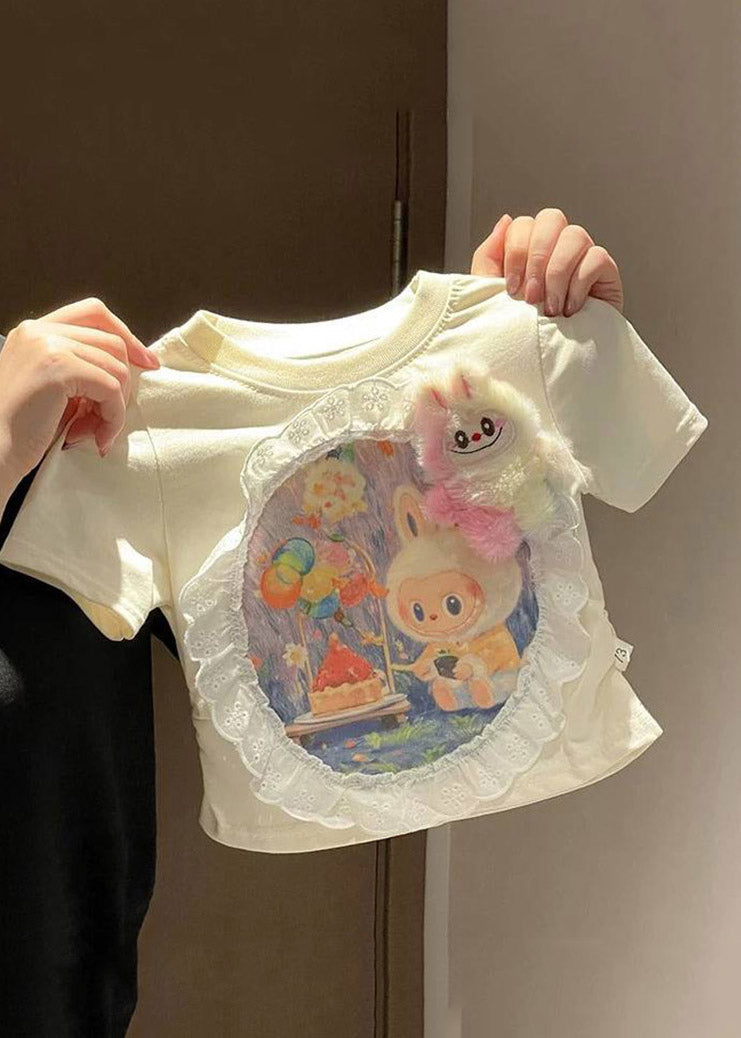 Boutique White O-Neck Cartoon Print Kids T Shirt Short Sleeve