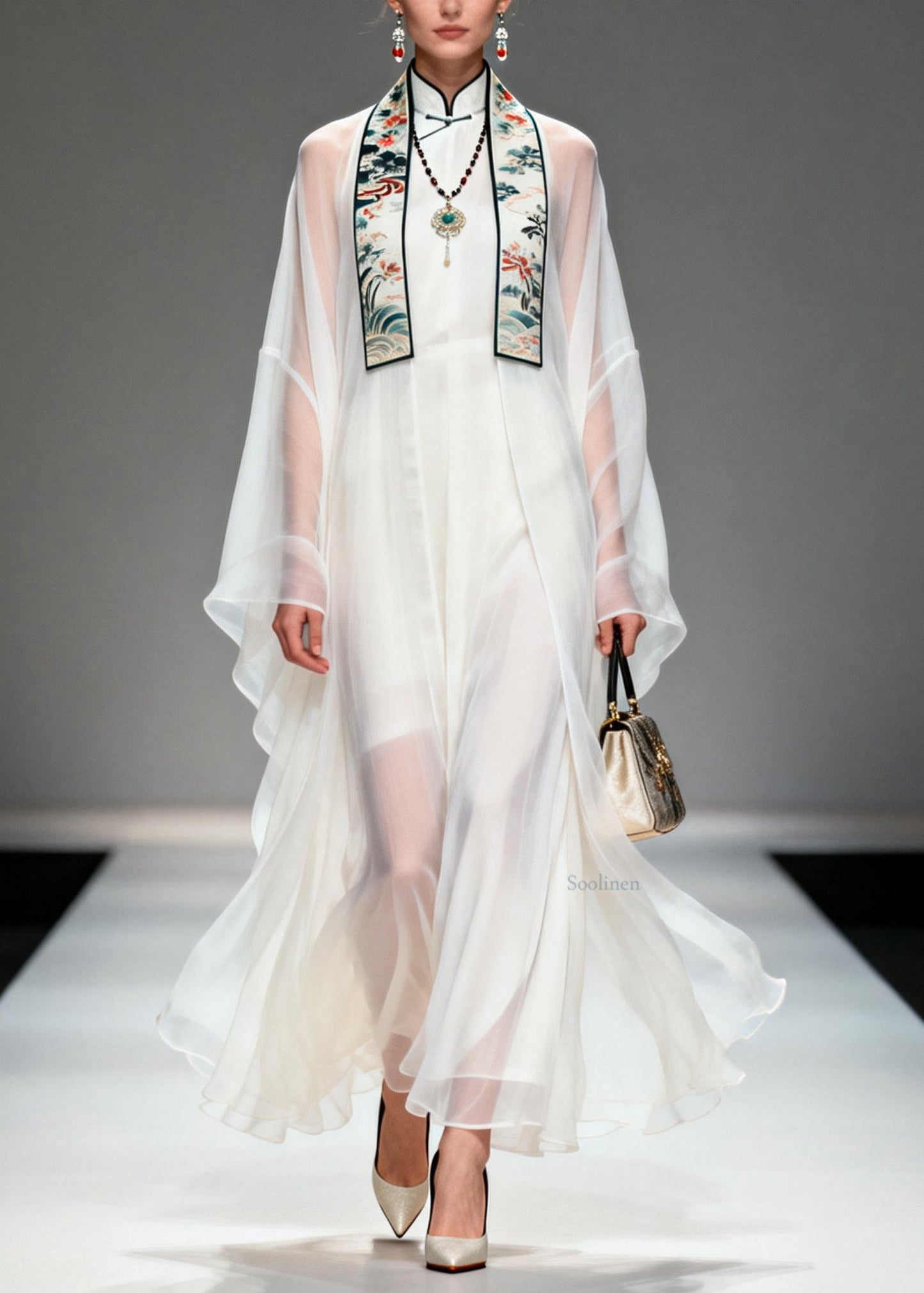 Boutique White Stand Collar Patchwork Chiffon Two Pieces Set Summer