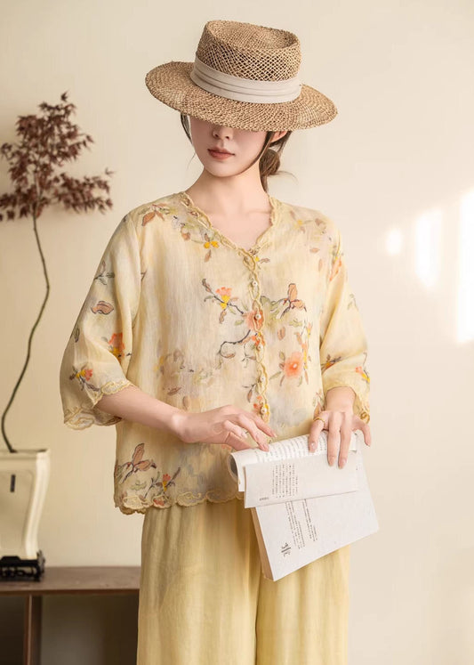 Boutique Yellow V Neck Embroidered Linen Blouses Summer