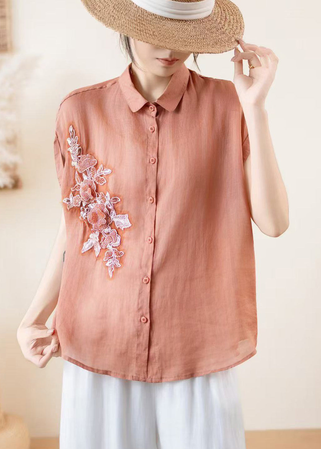 Brick Red Linen Loose Shirts Embroidered Summer