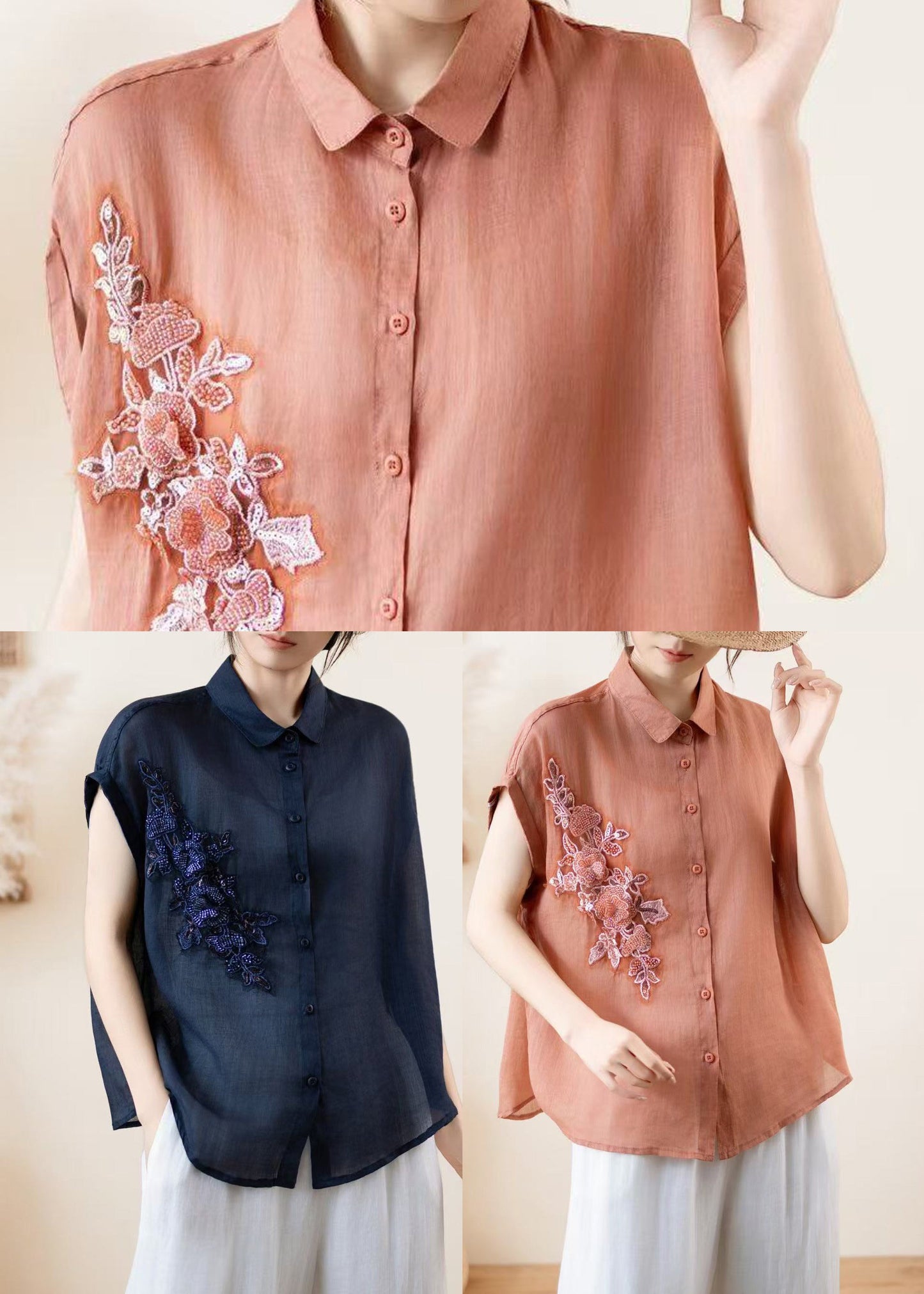 Brick Red Linen Loose Shirts Embroidered Summer