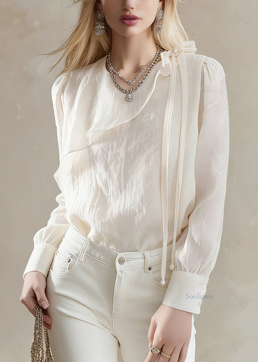 Brief Beige Asymmetrical Tassel Bow Top Lantern Sleeve