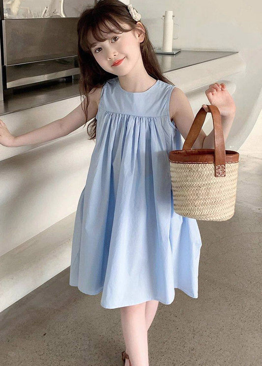 Brief Blue O-Neck Patchwork Kids Long Dresses Sleeveless