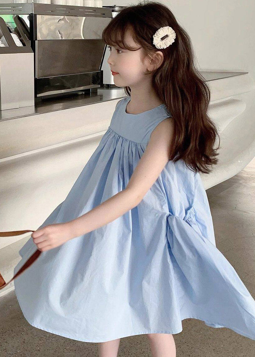 Brief Blue O-Neck Patchwork Kids Long Dresses Sleeveless