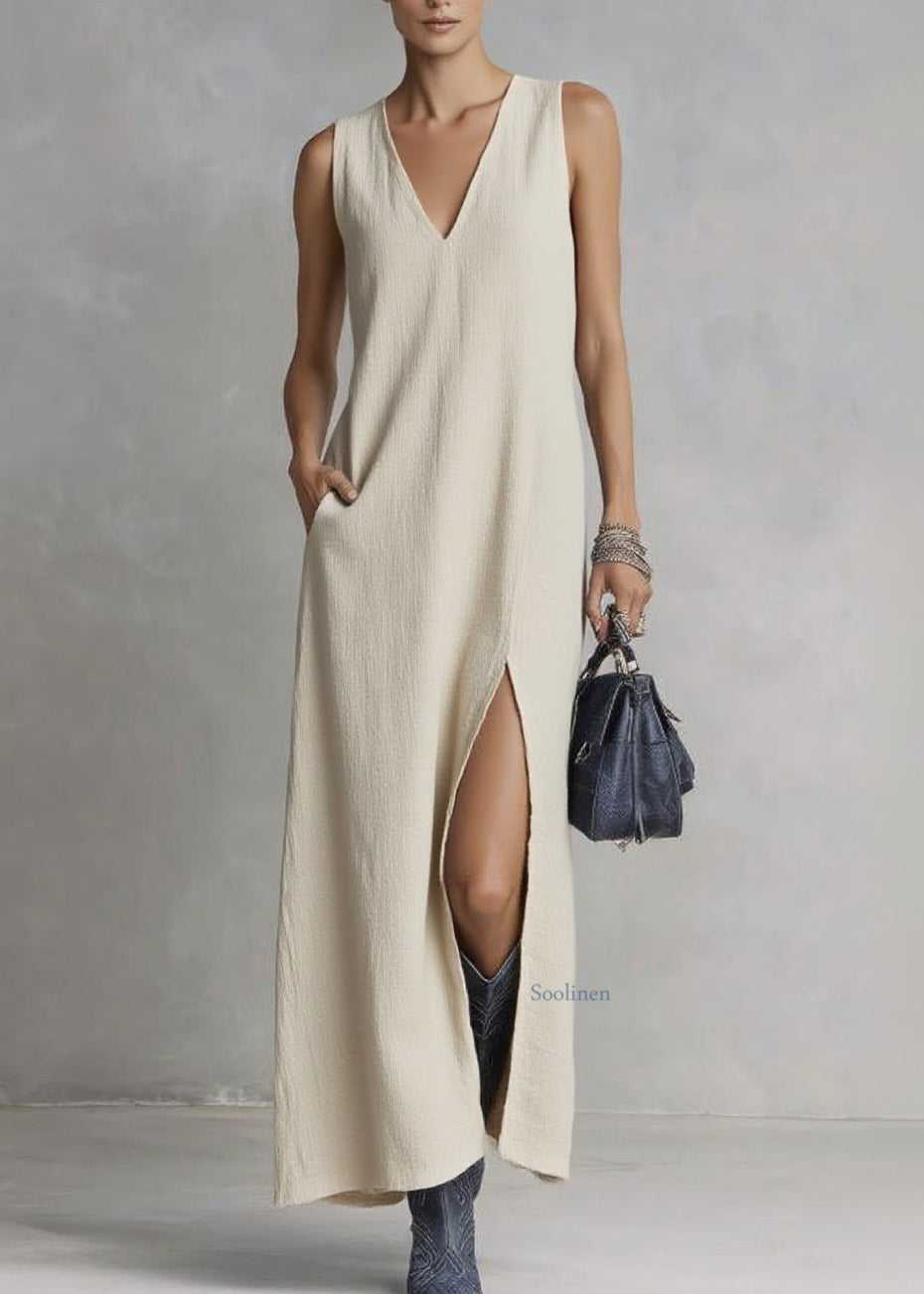 Brief Ramie V Neck Pockets Patchwork Solid Maxi Dresses Summer