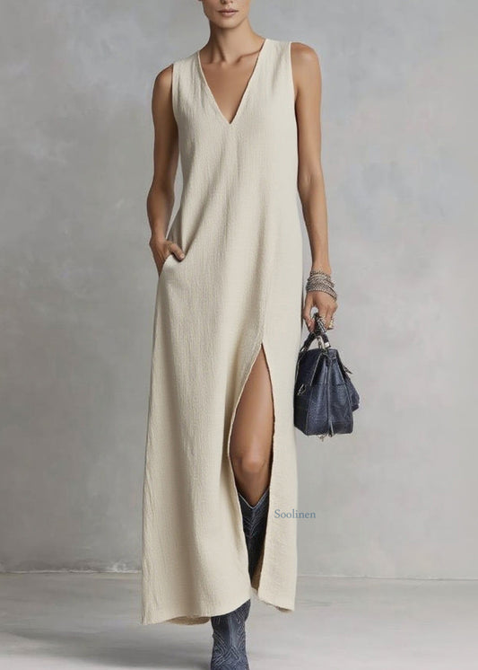 Brief Ramie V Neck Pockets Patchwork Solid Maxi Dresses Summer