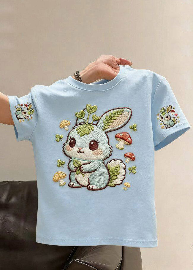 Brief White O-Neck Cartoon Print Girls Tops Summer