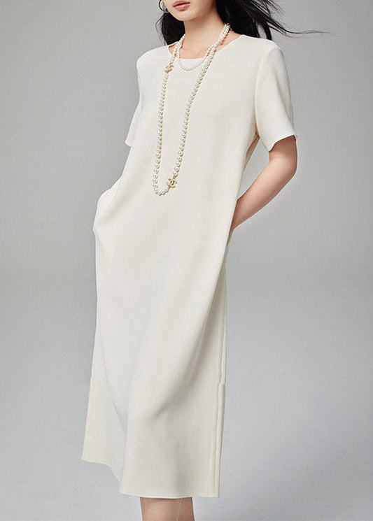 Brief White O-Neck Patchwork Pockets Long Dresses Short Sleeve