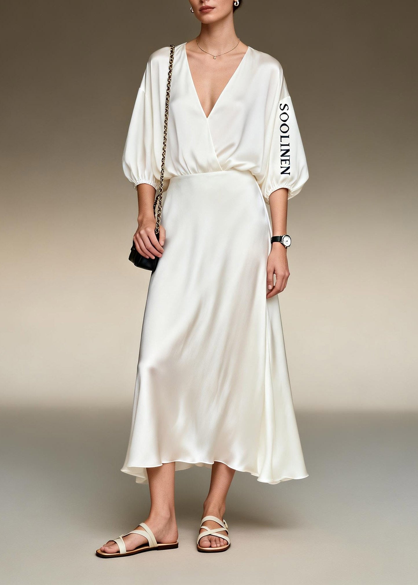 Brief White V Neck Patchwork Silk Maxi Dresses Summer
