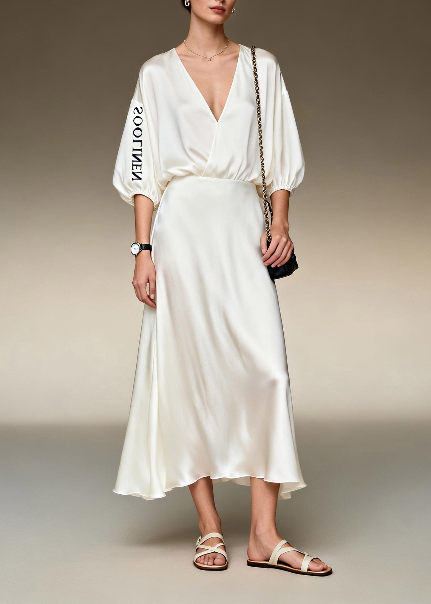 Brief White V Neck Patchwork Silk Maxi Dresses Summer