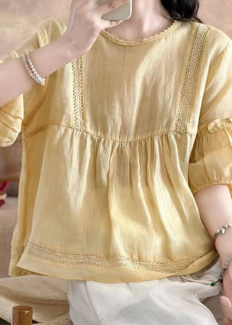 Brief Yellow O-Neck Wrinkled Solid Linen Top Half Sleeve