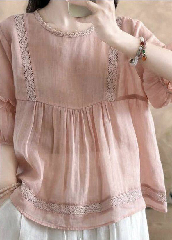 Brief Yellow O-Neck Wrinkled Solid Linen Top Half Sleeve
