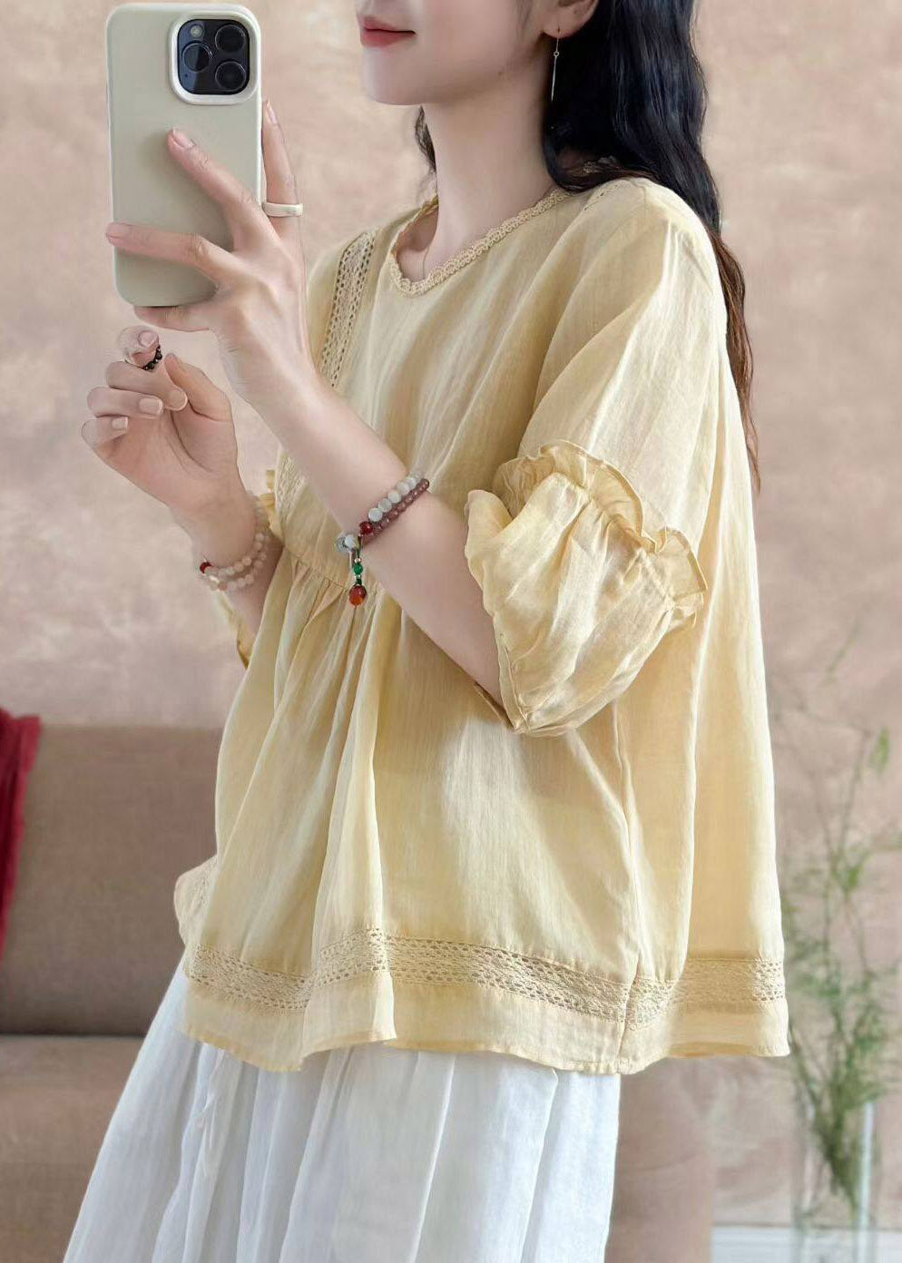 Brief Yellow O-Neck Wrinkled Solid Linen Top Half Sleeve