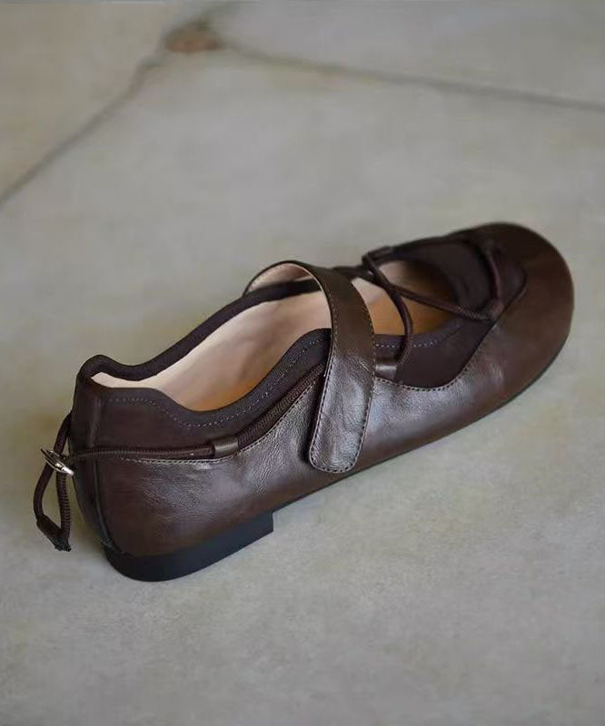 Brown Faux Leather Cross Strap Splicing Flat Shoes For Women
