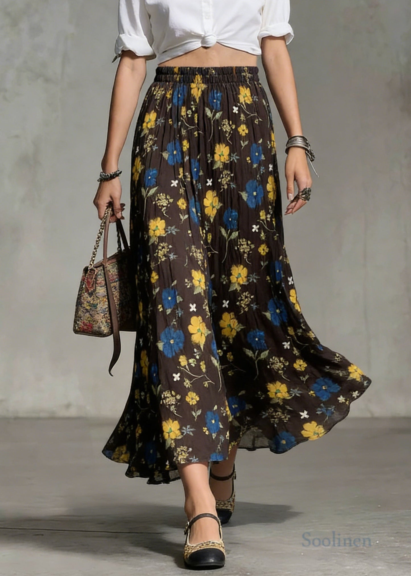 Brown Print Cotton Holiday Skirt Oversized Exra Large Hem Spring