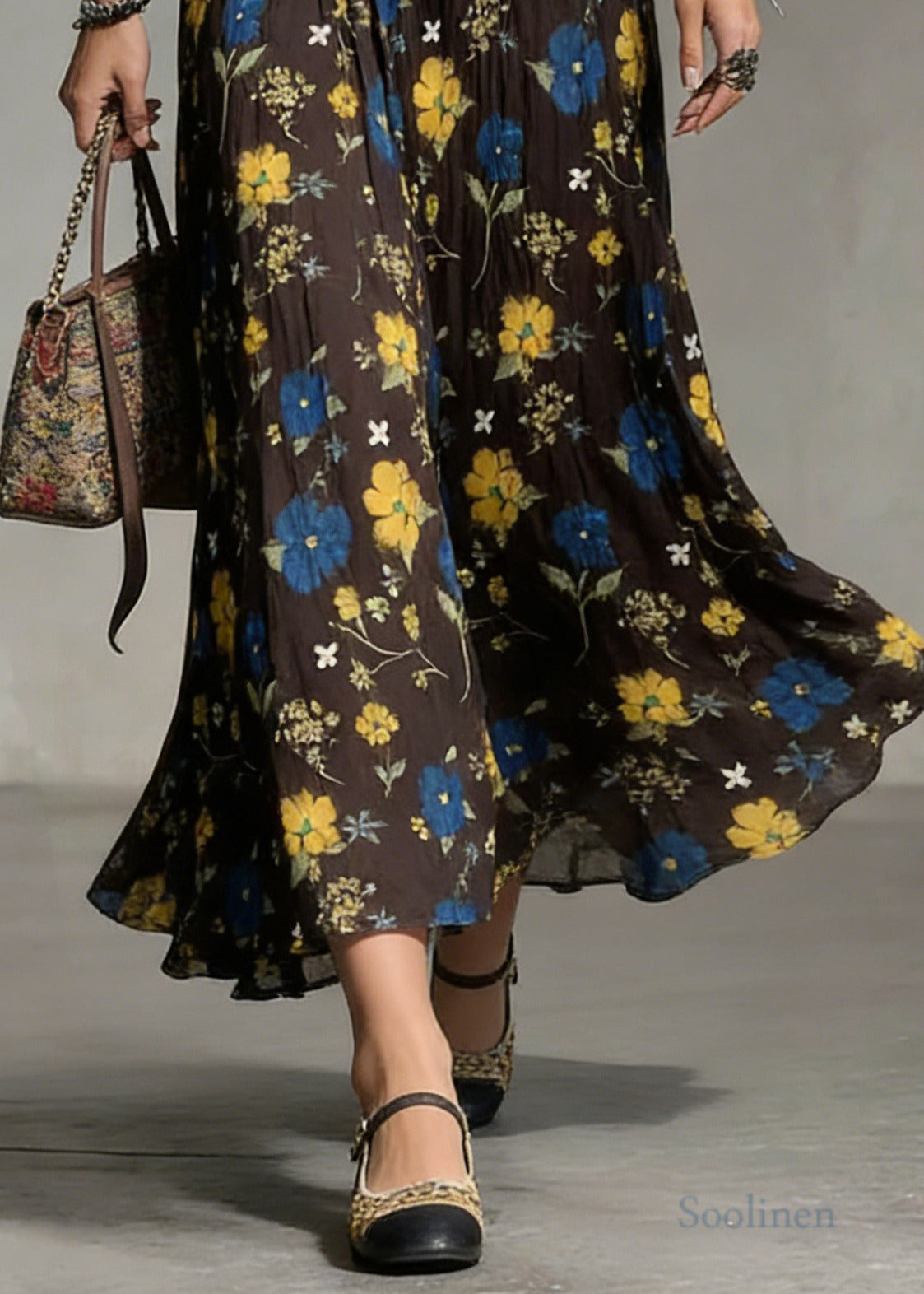 Brown Print Cotton Holiday Skirt Oversized Exra Large Hem Spring
