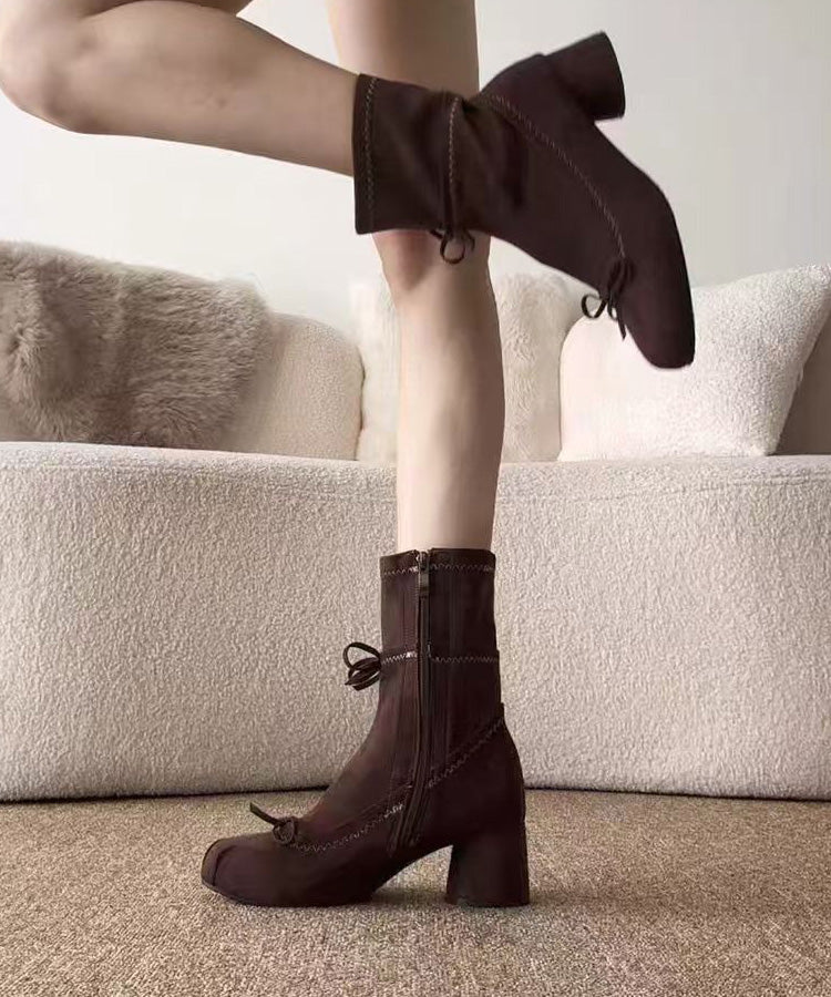 Brown Suede Chic Bow Splicing Boots