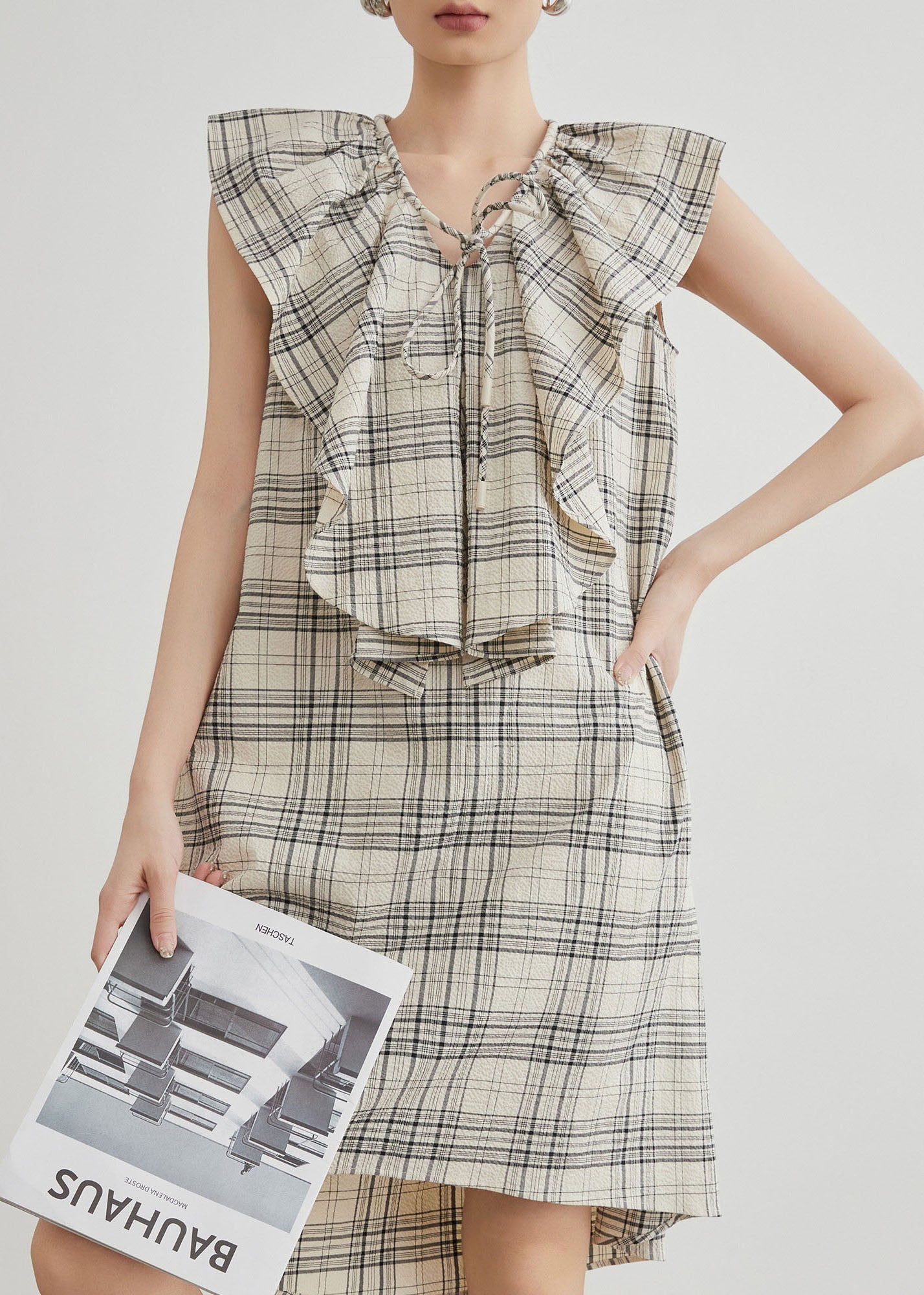Casual Apricot Ruffled Plaid Cotton Mid Dresses Summer