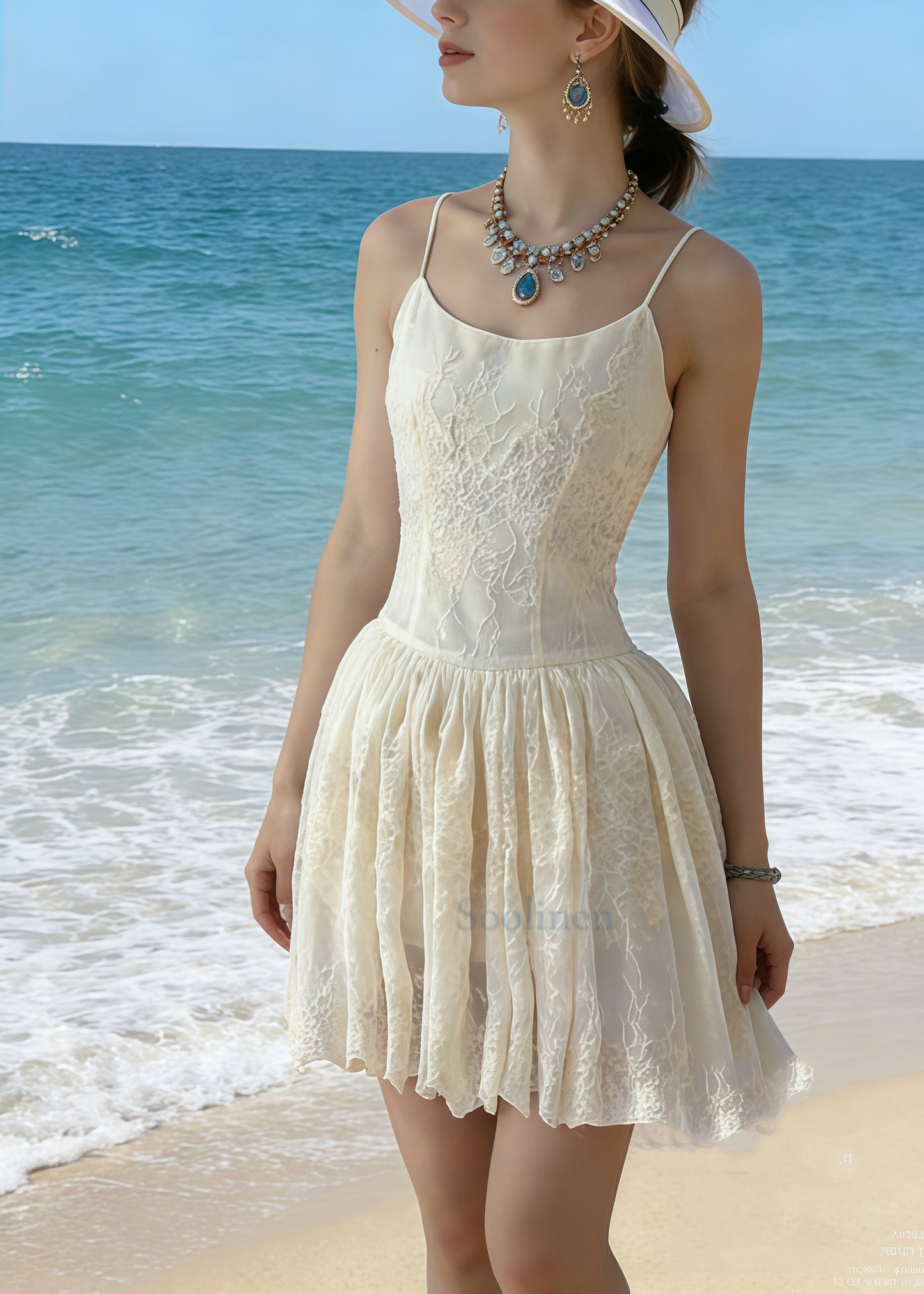 Casual Beige Jacquard Cotton Mini Dress Summer