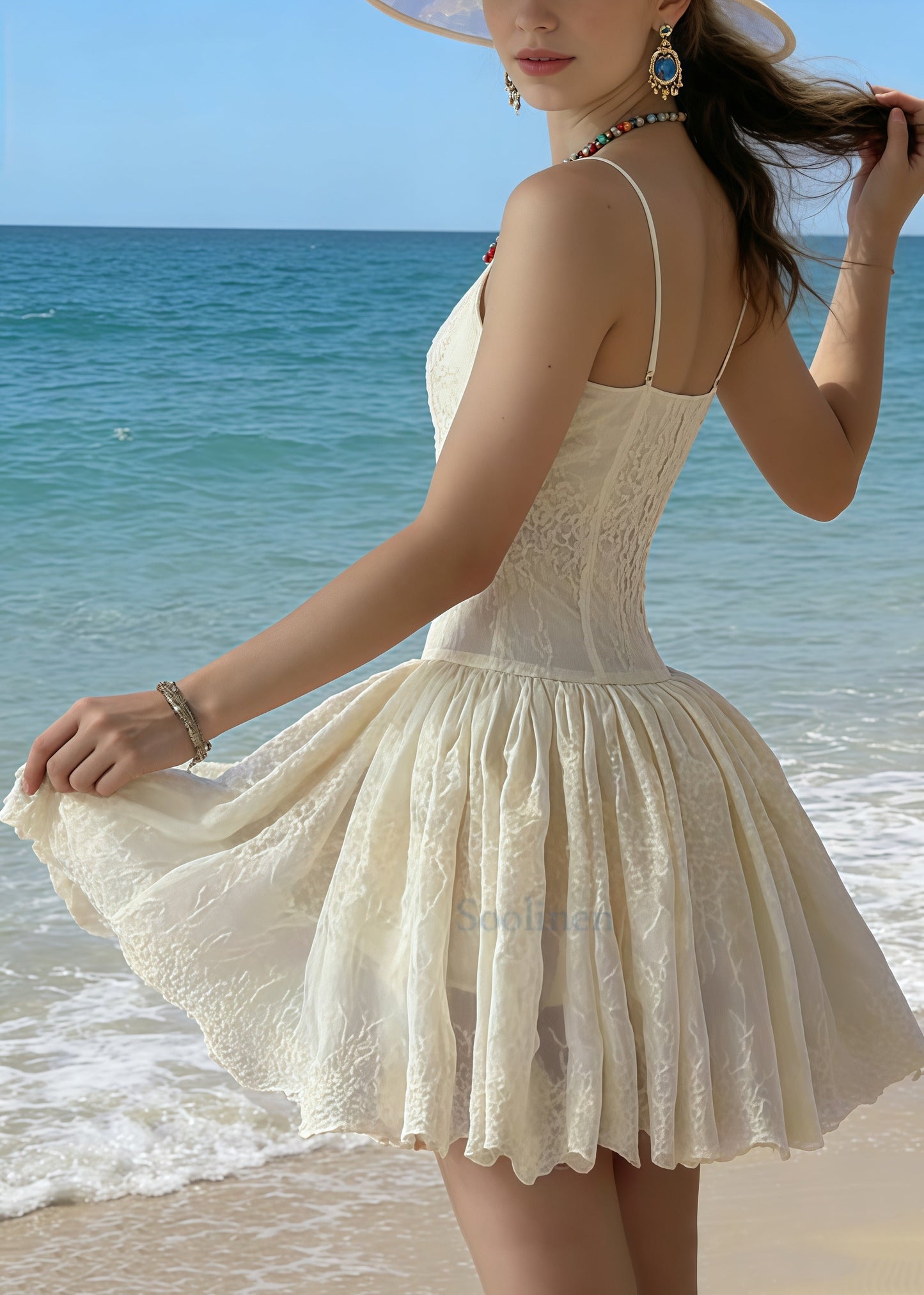 Casual Beige Jacquard Cotton Mini Dress Summer