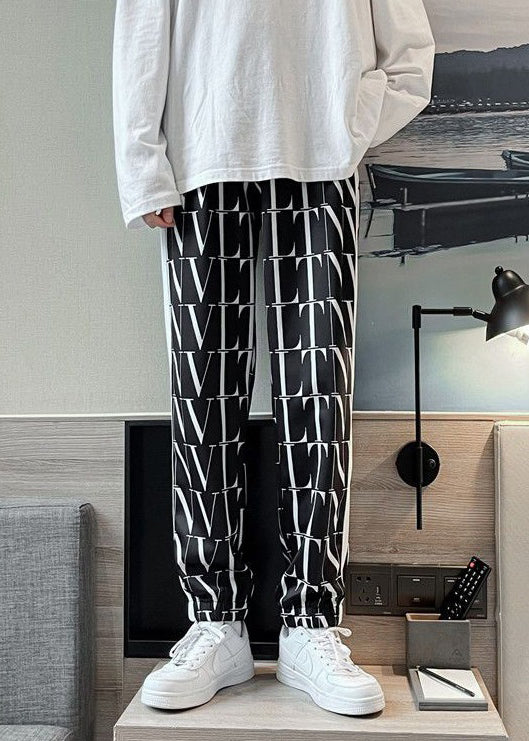Casual Black Letter Elastic Waist Men Crop Pants Summer