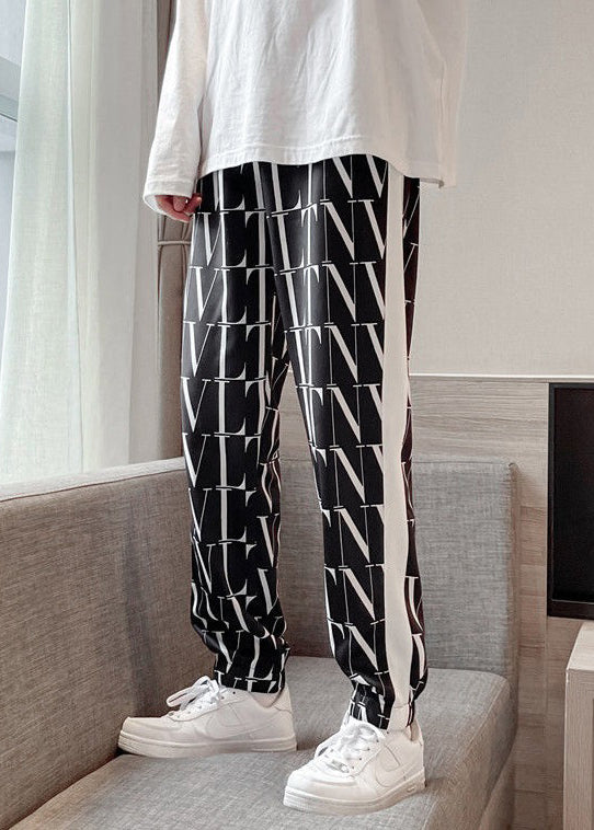 Casual Black Letter Elastic Waist Men Crop Pants Summer