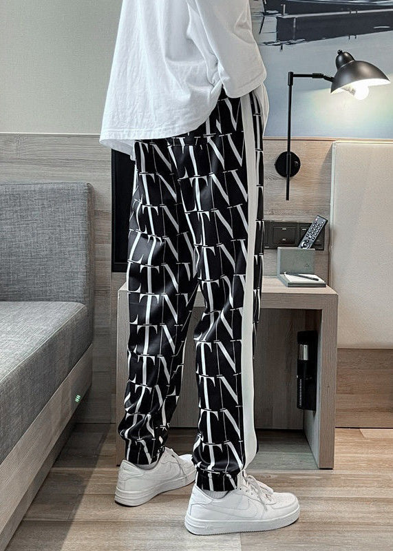 Casual Black Letter Elastic Waist Men Crop Pants Summer