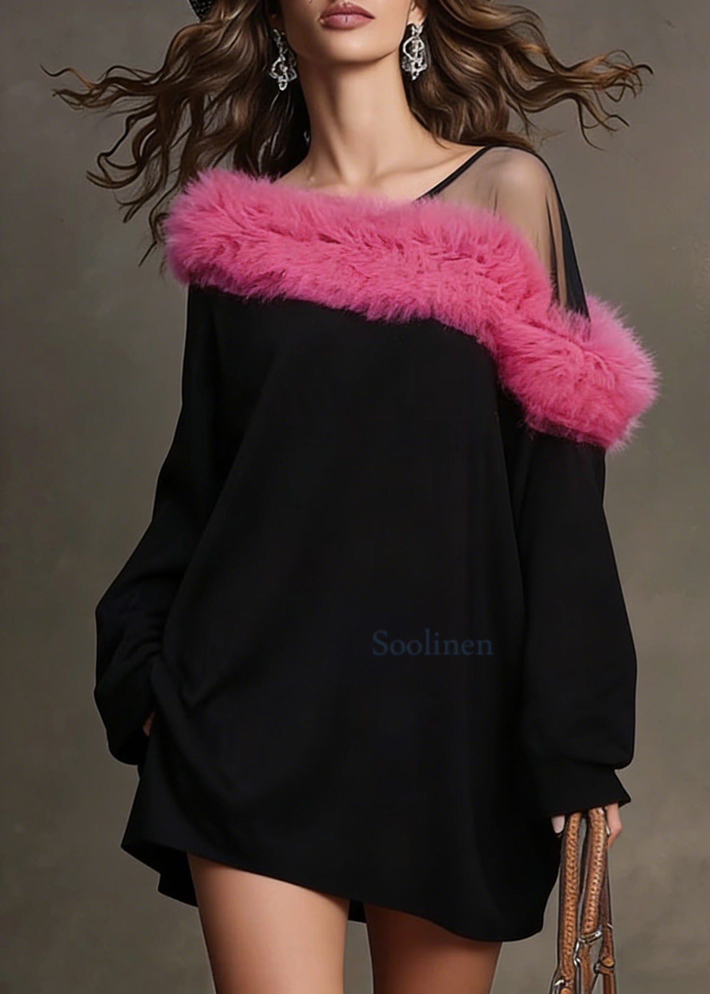 Casual Black One Shoulder Patchwork Faux Fur Mini Dresses Spring