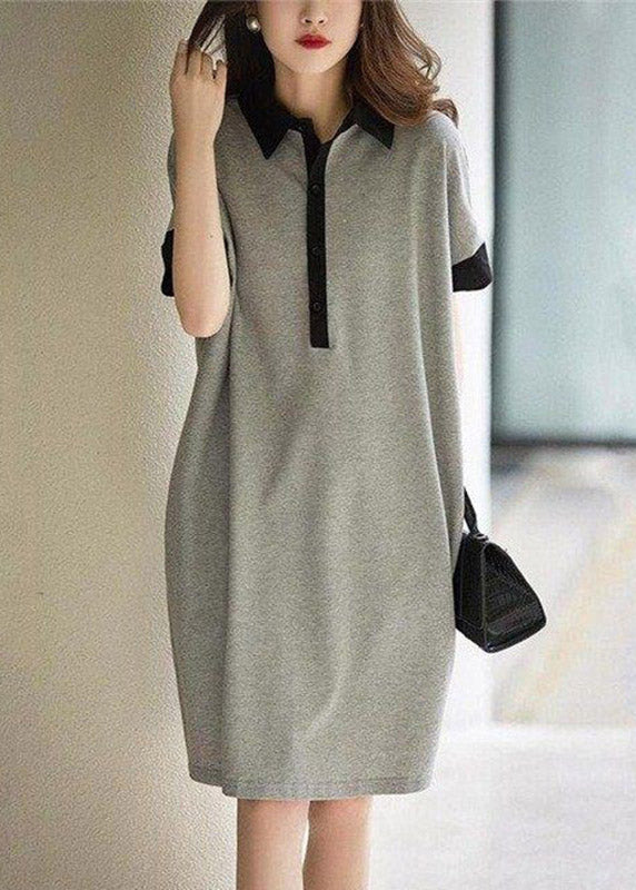 Casual Print2 Peter Pan Collar Button Cotton Maxi Dresses Short Sleeve