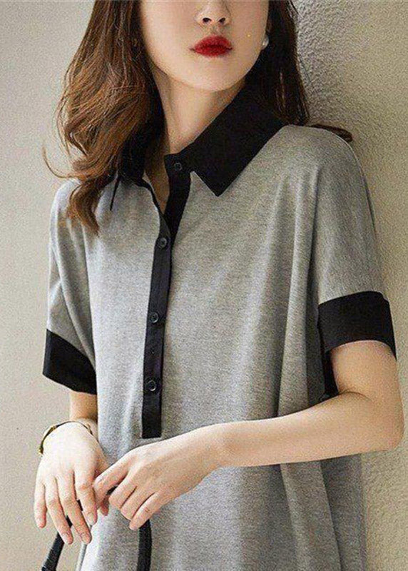 Casual Print2 Peter Pan Collar Button Cotton Maxi Dresses Short Sleeve