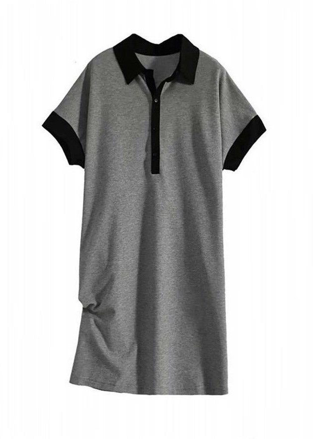 Casual Print1 Peter Pan Collar Button Cotton Maxi Dresses Short Sleeve
