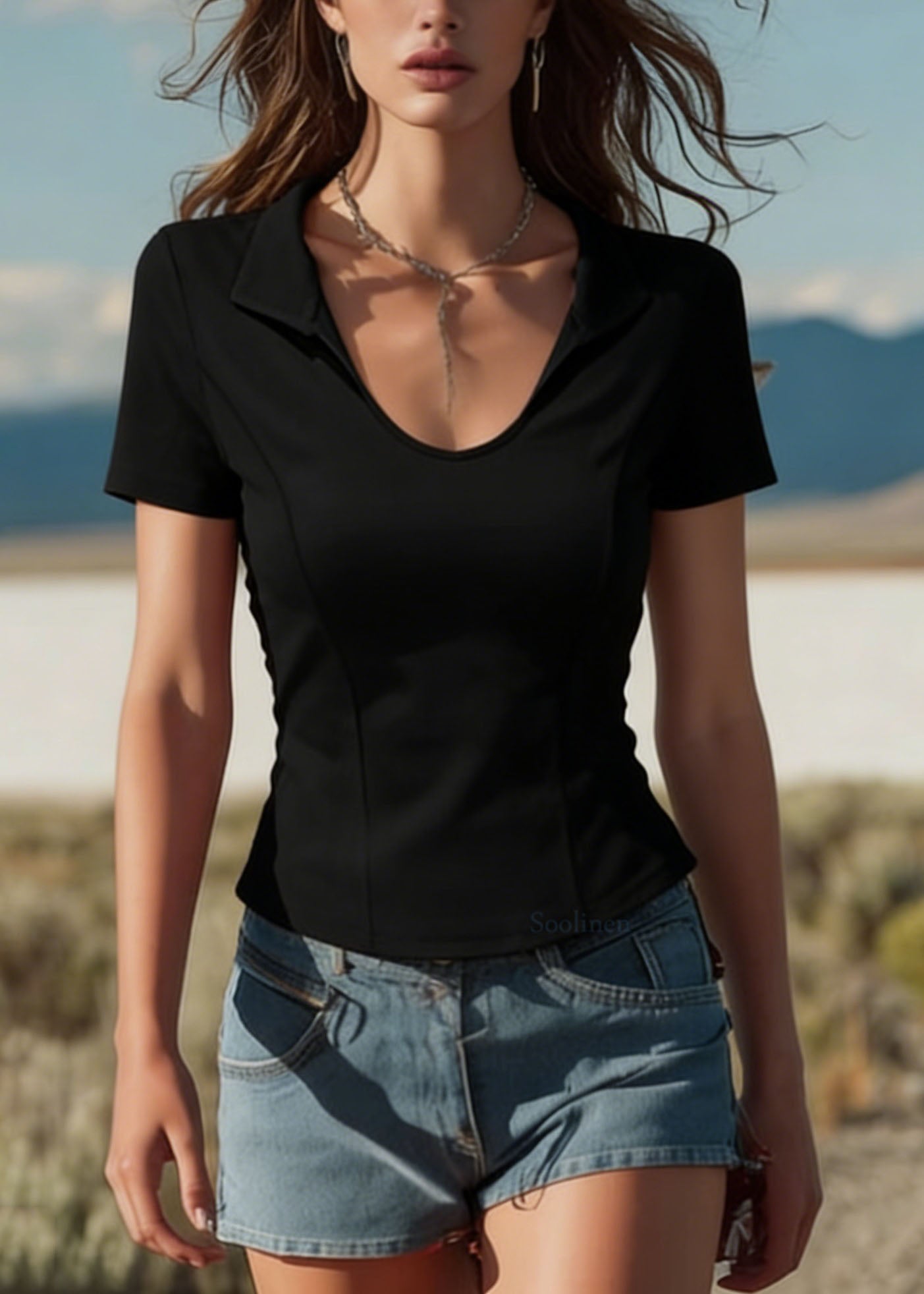 Casual Black Peter Pan Collar Patchwork Cotton Top Summer