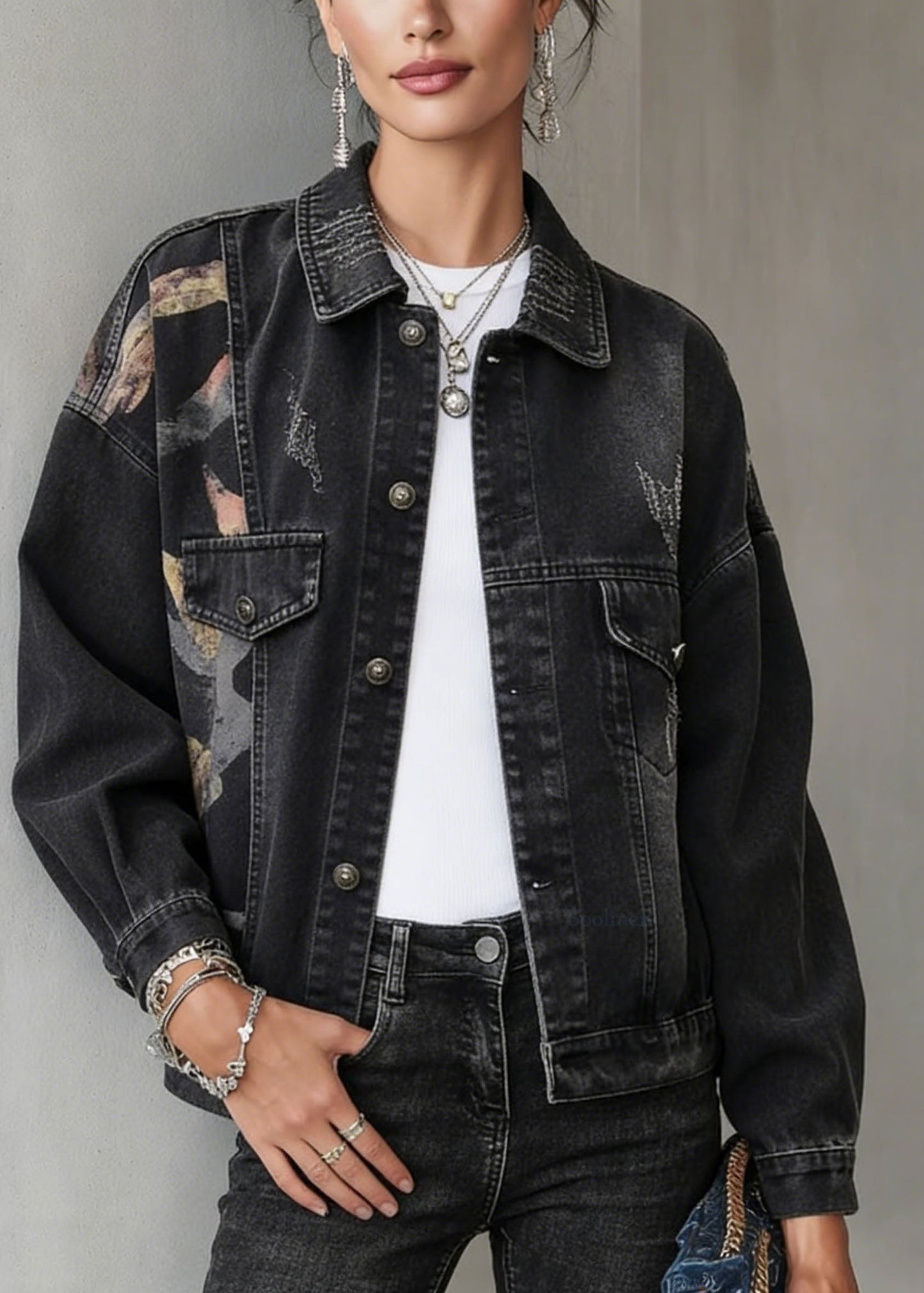 Casual Black Peter Pan Collar Pockets Print Denim Jackets Spring