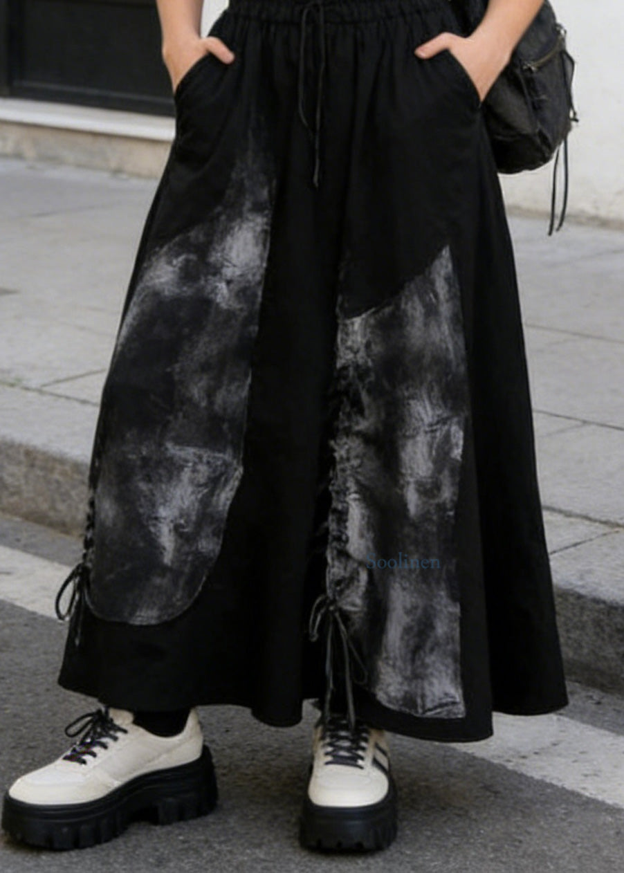 Casual Black Pockets Print Drawstring Cotton Skirt Summer