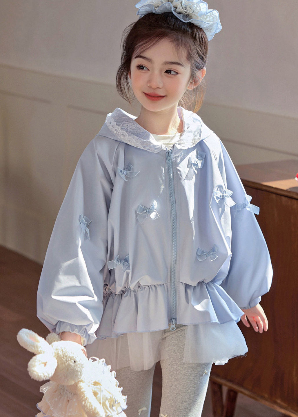 Casual Blue Bow Zippered Wrinkled Girls Hooded Coats Spring